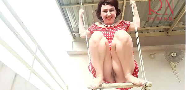  Depraved Cute housewife has fun without panties on the swing. Slut swings and shows her perfect pussy. Close-up pussy. Close-up cunt. Pull up your skirt. Upskirt pussy no panties. No panties outdoors.